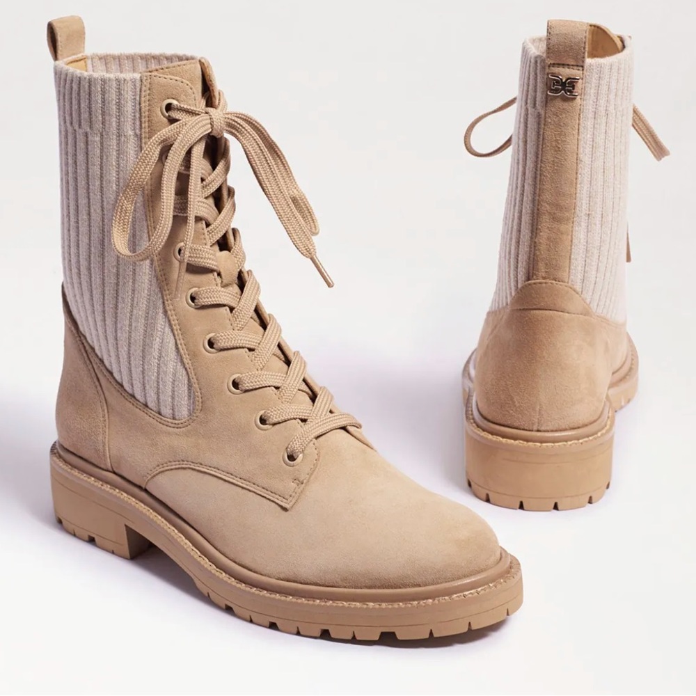 Sam Edelman Lydell Combat Boot size 7 sesame suede/knit